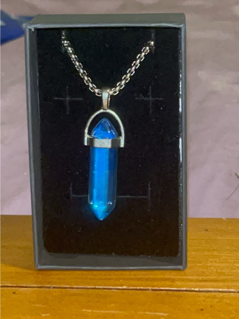 Blue Crystal Point Pendant Necklace with Silver-Tone Accents